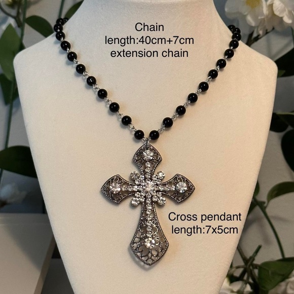 Goth Punk Big Statement Cross Pendant Necklace Choker Vampire Rosary Black Beads - Picture 6 of 9